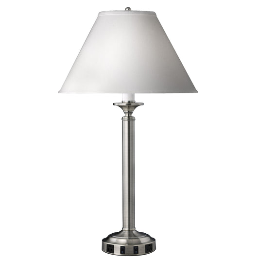 Medallion Lighting Optic Group 30" Brushed Steel Twin-light Double Nightstand Table Lamp With 3-Prong Outlet and White Fabric Drum Shade