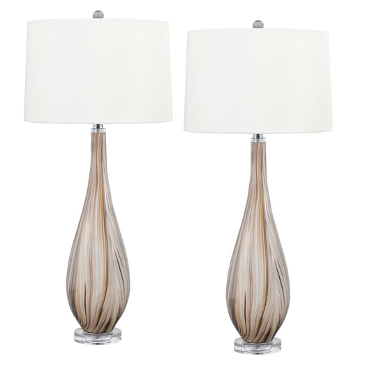 Medallion Lighting Otranto 35" Earthtone Stripes Glass Acrylic Table Lamp With White Fabric Drum Shade - Set of 2