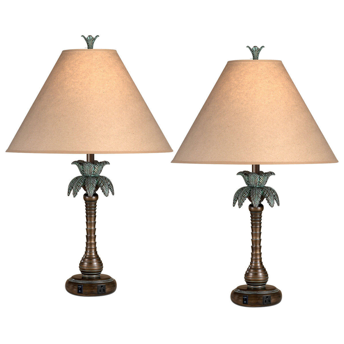 Medallion Lighting Palm Tree 31" Antique Bronze w/ Verdi Wash Resin Single Nightstand Lamp With 3-Prong Outlet and Beige Fabric Drum Shade - Set of 2
