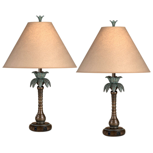 Medallion Lighting Palm Tree 31" Antique Bronze w/ Verdi Wash Resin Single Nightstand Lamp With 3-Prong Outlet and Beige Fabric Drum Shade - Set of 2