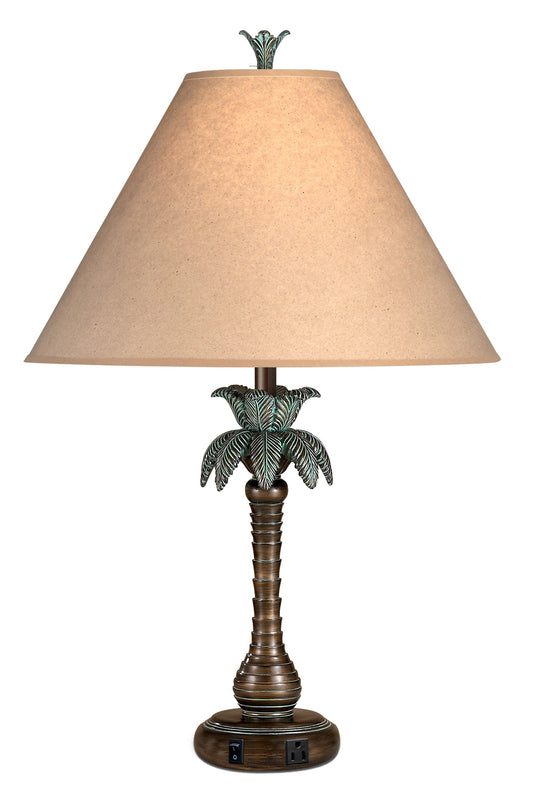 Medallion Lighting Palm Tree 31" Antique Bronze w/ Verdi Wash Resin Single Nightstand Lamp With 3-Prong Outlet and Beige Fabric Drum Shade