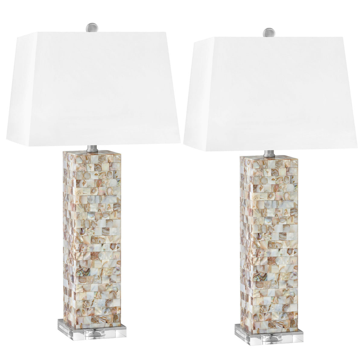 Medallion Lighting Perla 31" Mother of Pearl Mosaic Resin/Acrylic Table Lamp With White Fabric Rectangular Shade - Set of 2