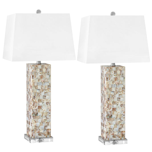 Medallion Lighting Perla 31" Mother of Pearl Mosaic Resin/Acrylic Table Lamp With White Fabric Rectangular Shade - Set of 2