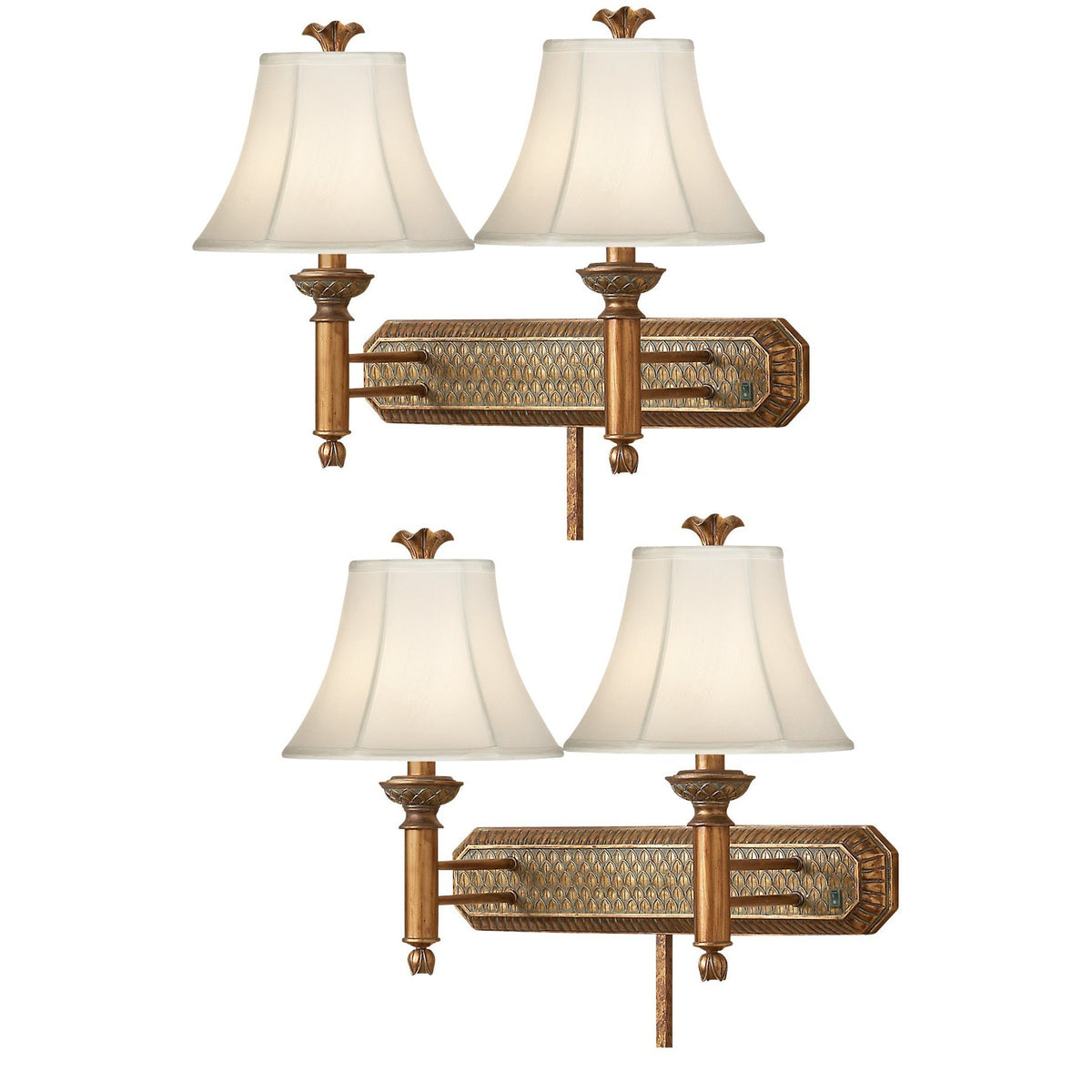 Medallion Lighting Pineapple 20" Antique Gold Resin/Steel Double Wall Lamp With Eggshell Stretched Silk Bell Shade - Set of 2