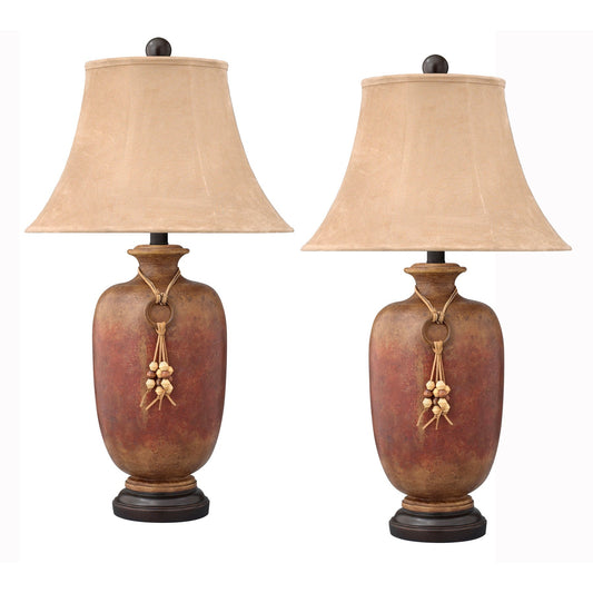 Medallion Lighting Pueblo 34" Southwest Russet Resin Table Lamp With Tan Suede Bell Shade - Set of 2