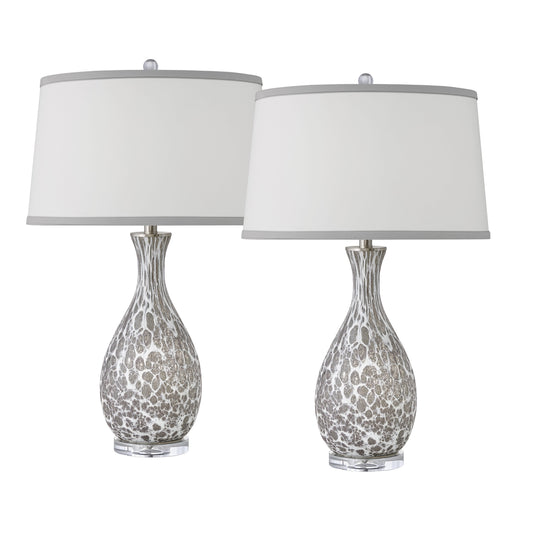 Medallion Lighting Ragno 30" Grey and White Glass Table Lamp With White Fabric Grey Trim Drum Shade - Set of 2