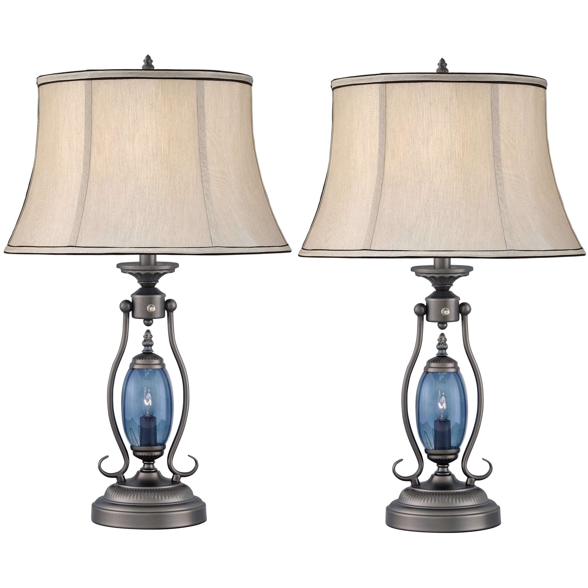 Medallion Lighting Revere 27" Gun Metal and Blue Glass Steel Table Lamp With Nightlight and Grey Silk Drum Shade - Set of 2