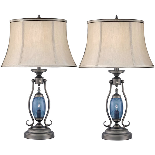 Medallion Lighting Revere 27" Gun Metal and Blue Glass Steel Table Lamp With Nightlight and Grey Silk Drum Shade - Set of 2