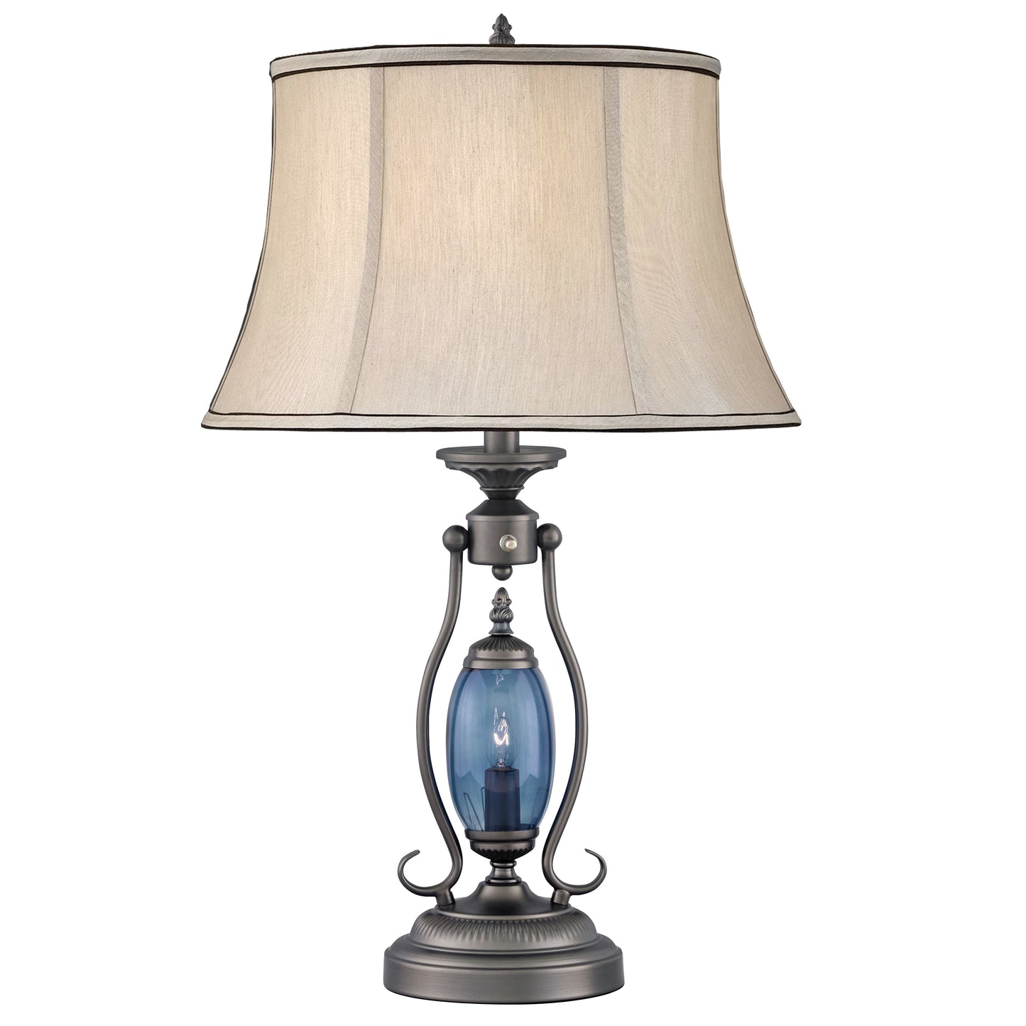 Medallion Lighting Revere 27" Gun Metal and Blue Glass Steel Table Lamp With Nightlight and Grey Silk Drum Shade