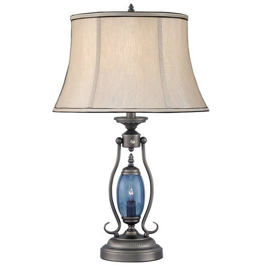 Medallion Lighting Revere 27" Gun Metal and Blue Glass Steel Table Lamp With Nightlight and Grey Silk Drum Shade