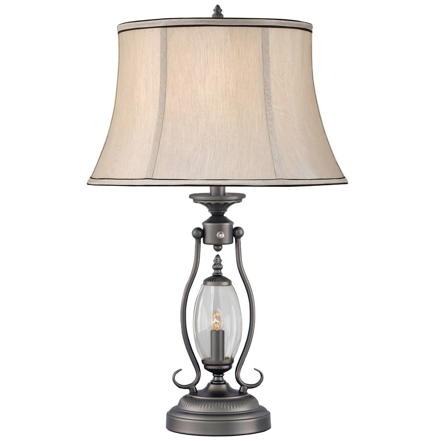 Medallion Lighting Revere 27" Gun Metal and Clear Glass Steel Table Lamp With Nightlight and Grey Silk Drum Shade