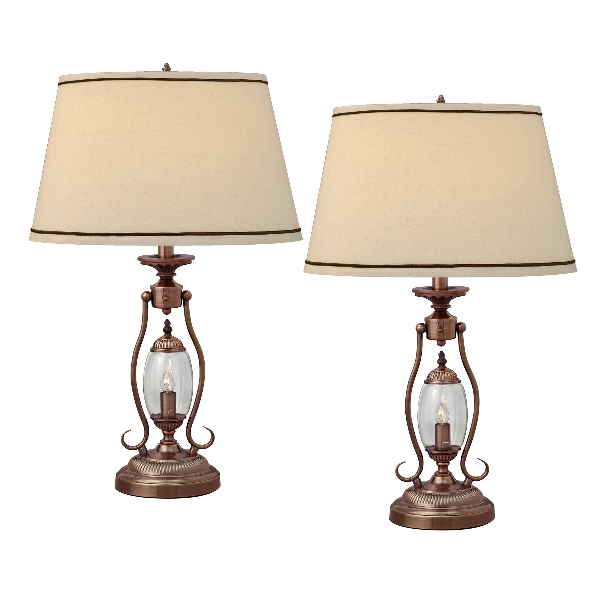 Medallion Lighting Revere 27" Legacy Bronze Steel Glass Table Lamp With Nightlight and Beige Lenore Drum Shade - Set of 2