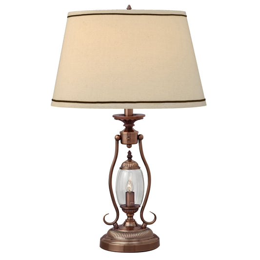 Medallion Lighting Revere 27" Legacy Bronze Steel Glass Table Lamp With Nightlight and Beige Lenore Drum Shade