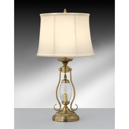 Medallion Lighting Revere 27" Satin Antique Brass Steel and Glass Table Lamp With Nightlight and Eggshell Stretched Silk Bell Shade