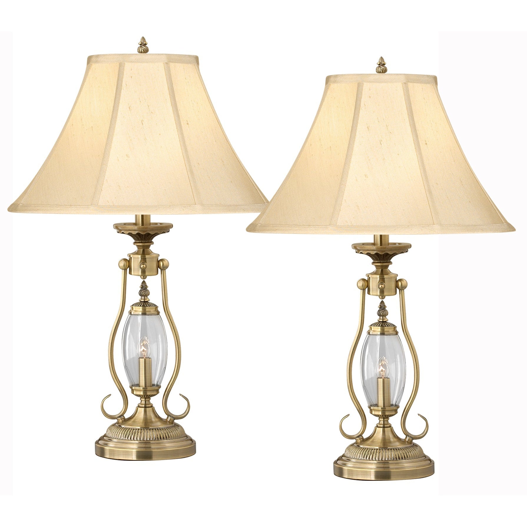 Medallion Lighting Revere 27" Satin Antique Brass Steel and Glass Table Lamp With Nightlight and Shantung Silk Bell Shade - Set of 2