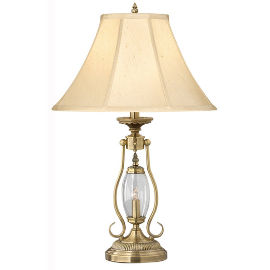 Medallion Lighting Revere 27" Satin Antique Brass Steel and Glass Table Lamp With Nightlight and Shantung Silk Bell Shade