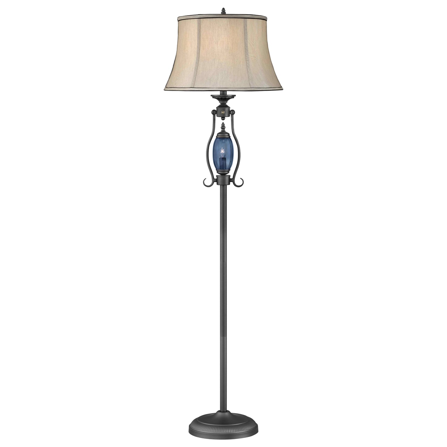 Medallion Lighting Revere 59" Gunmetal and Blue Glass Steel Floor Lamp With Nightlight and Grey Silk Drum Shade