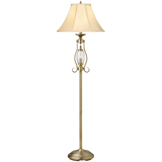 Medallion Lighting Revere 59" Satin Antique Brass and Clear Glass Steel Floor Lamp With Nightlight and Shantung Stretched Silk Bell Shade