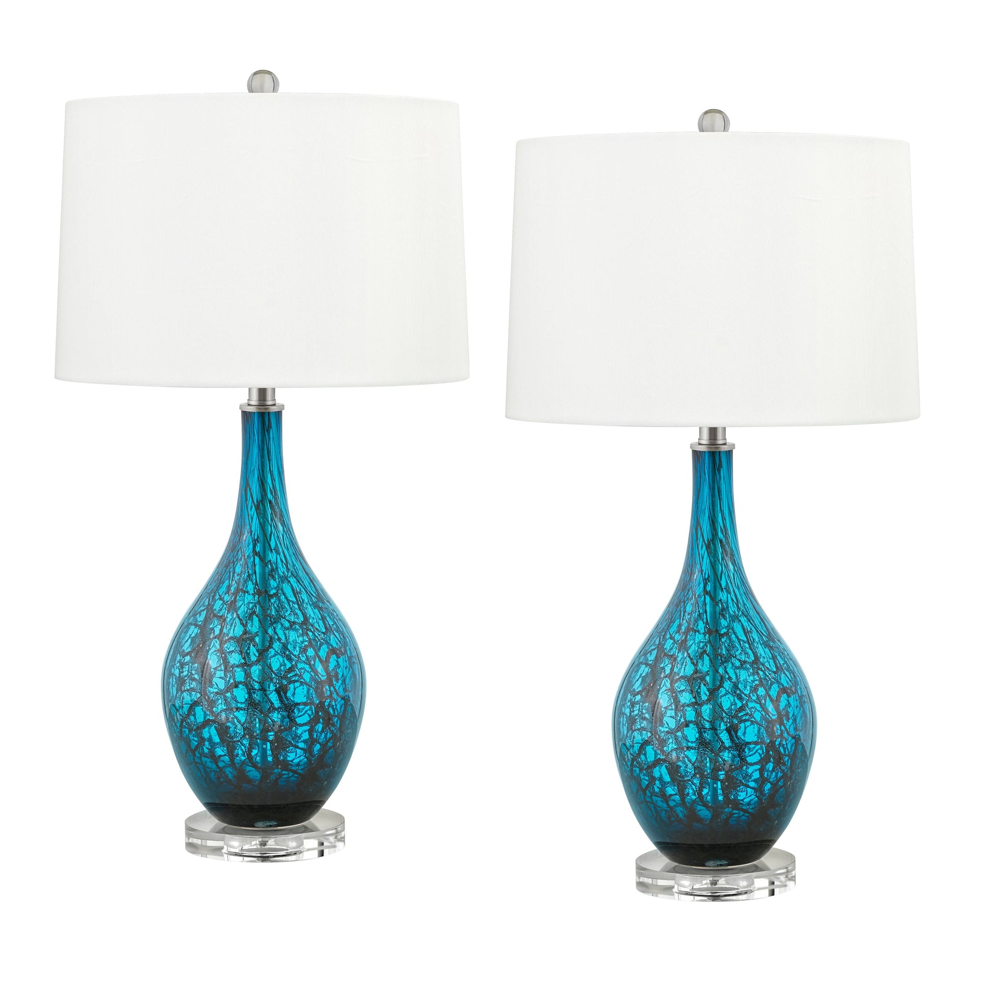 Medallion Lighting Rovigo 28" Teal and Black Fused Glass Acrylic Table Lamp With White Fabric Drum Shade - Set of 2