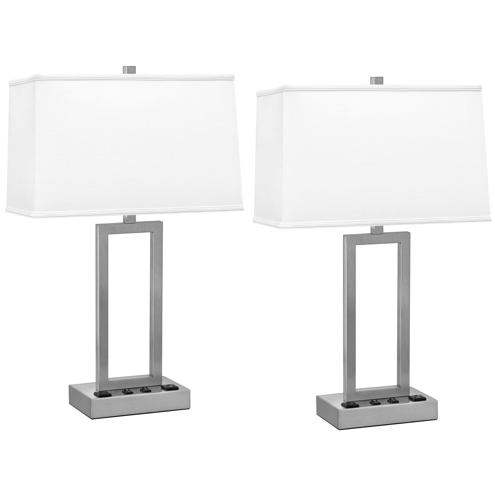 Medallion Lighting Rugged Rectangles 26" Brushed Steel Table Lamp With 3-prong Outlets and White Drum Shade - Set of 2