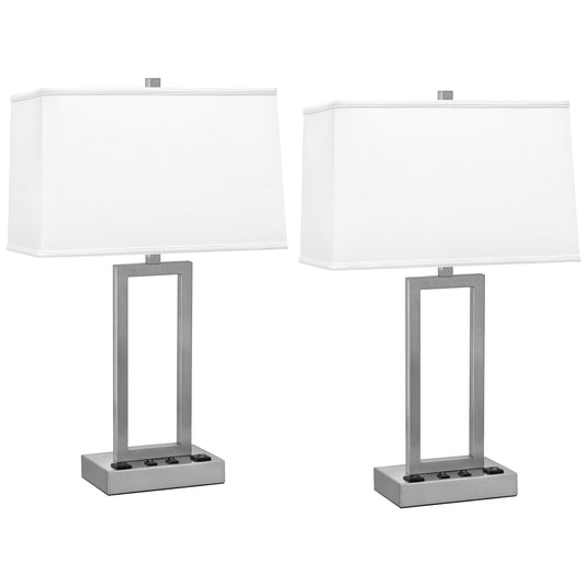 Medallion Lighting Rugged Rectangles 26" Brushed Steel Table Lamp With 3-prong Outlets and White Drum Shade - Set of 2