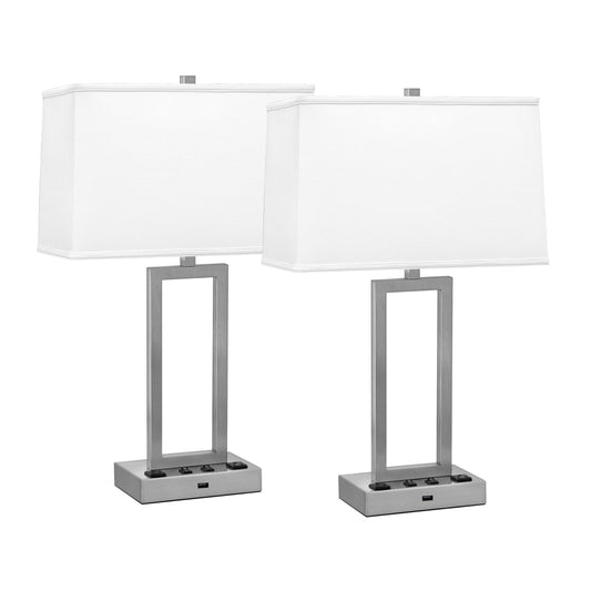 Medallion Lighting Rugged Rectangles 26" Brushed Steel Table Lamp With USB Port, 3-prong Outlets and White Fabric Drum Shade - Set of 2