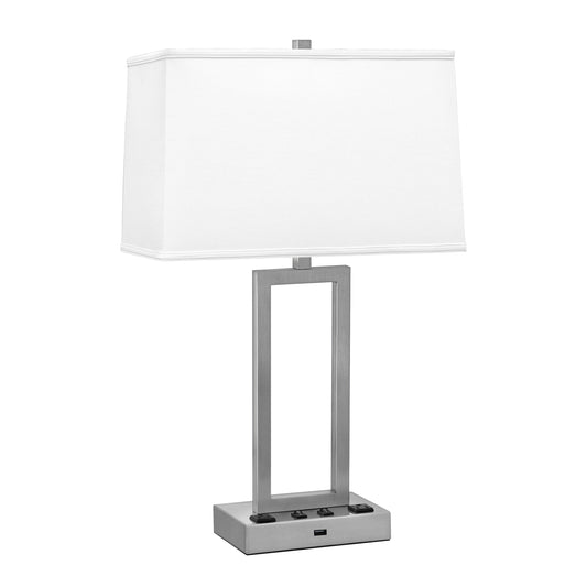 Medallion Lighting Rugged Rectangles 26" Brushed Steel Table Lamp With USB Port, 3-prong Outlets and White Fabric Drum Shade