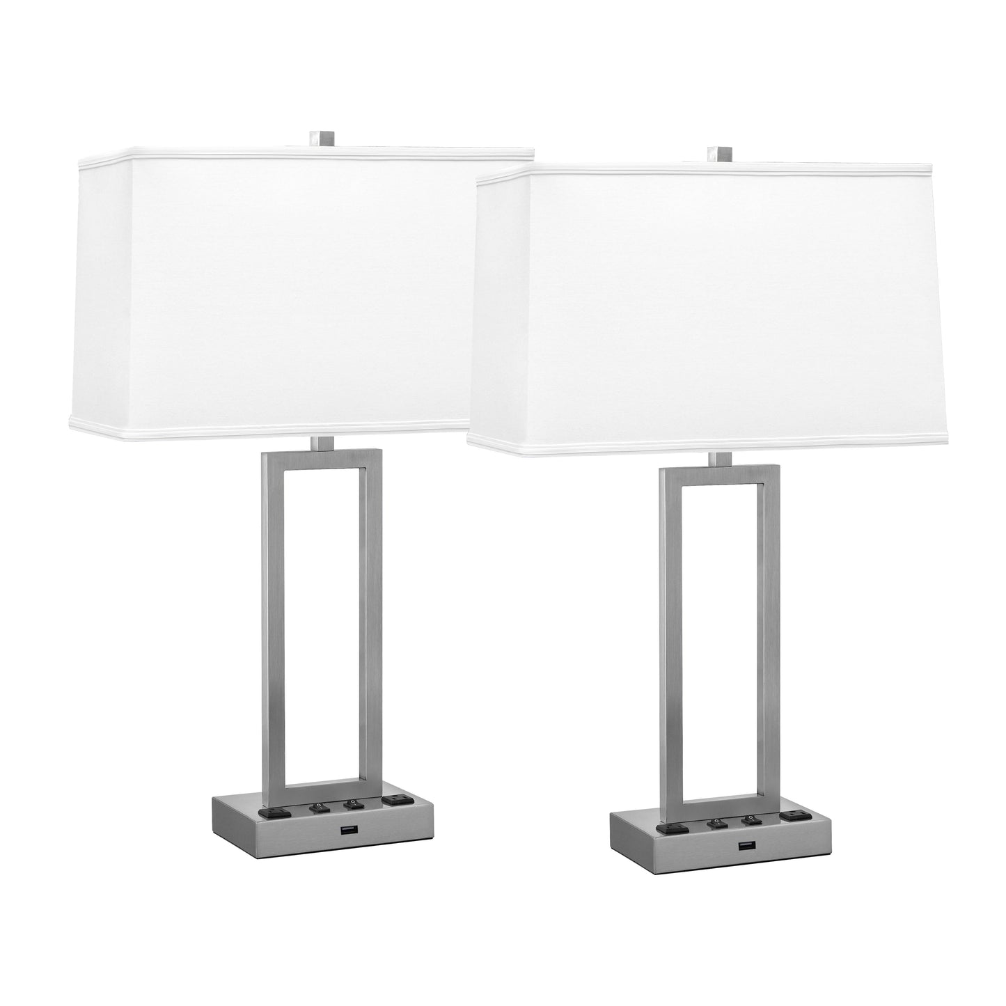 Medallion Lighting Rugged Rectangles 29" Brushed Steel Double Nightstand Lamp With USB Port, 3-prong Outlets and White Fabric Rectangular Shade - Set of 2