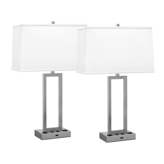 Medallion Lighting Rugged Rectangles 29" Brushed Steel Double Nightstand Lamp With USB Port, 3-prong Outlets and White Fabric Rectangular Shade - Set of 2