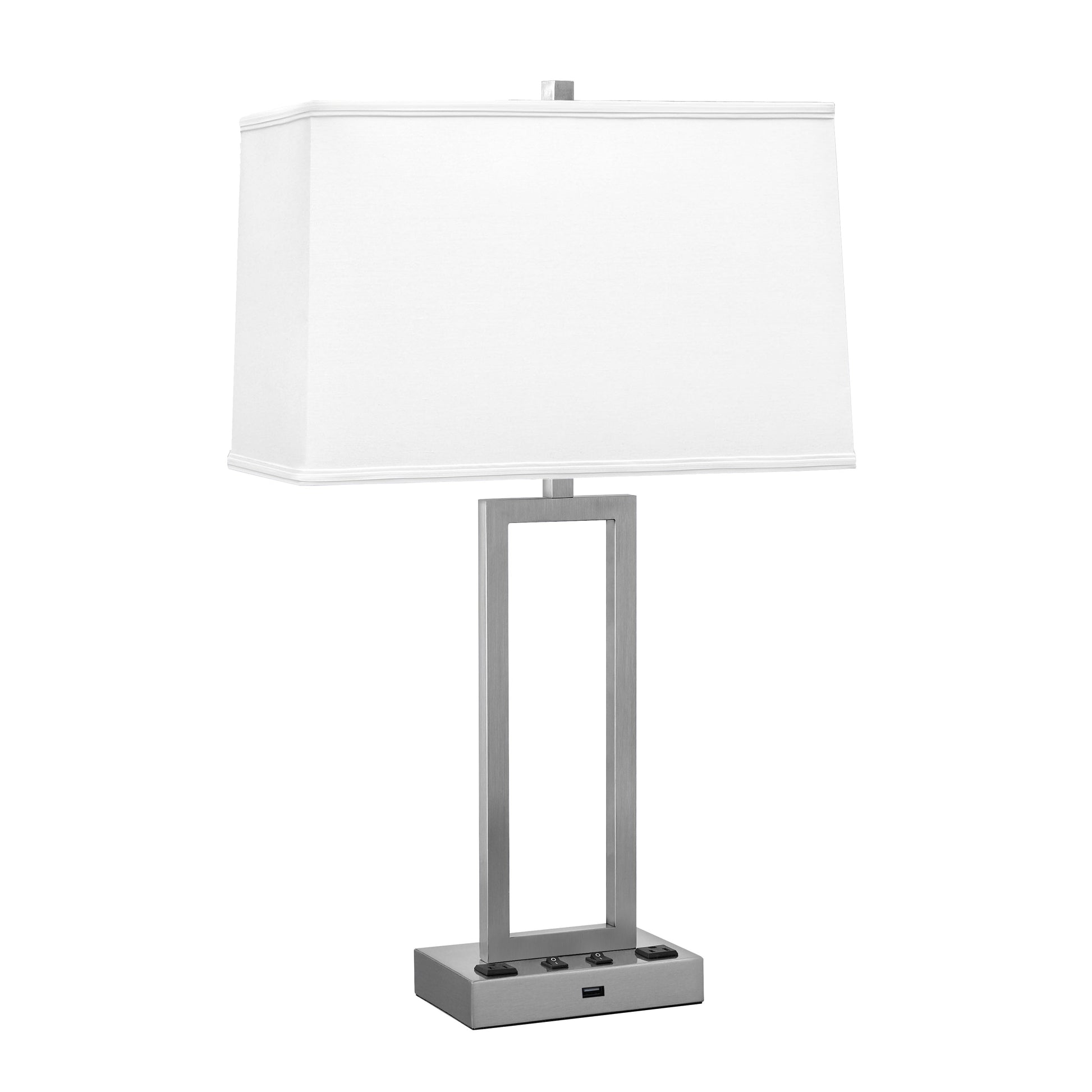 Medallion Lighting Rugged Rectangles 29" Brushed Steel Double Nightstand Lamp With USB Port, 3-prong Outlets and White Fabric Rectangular Shade