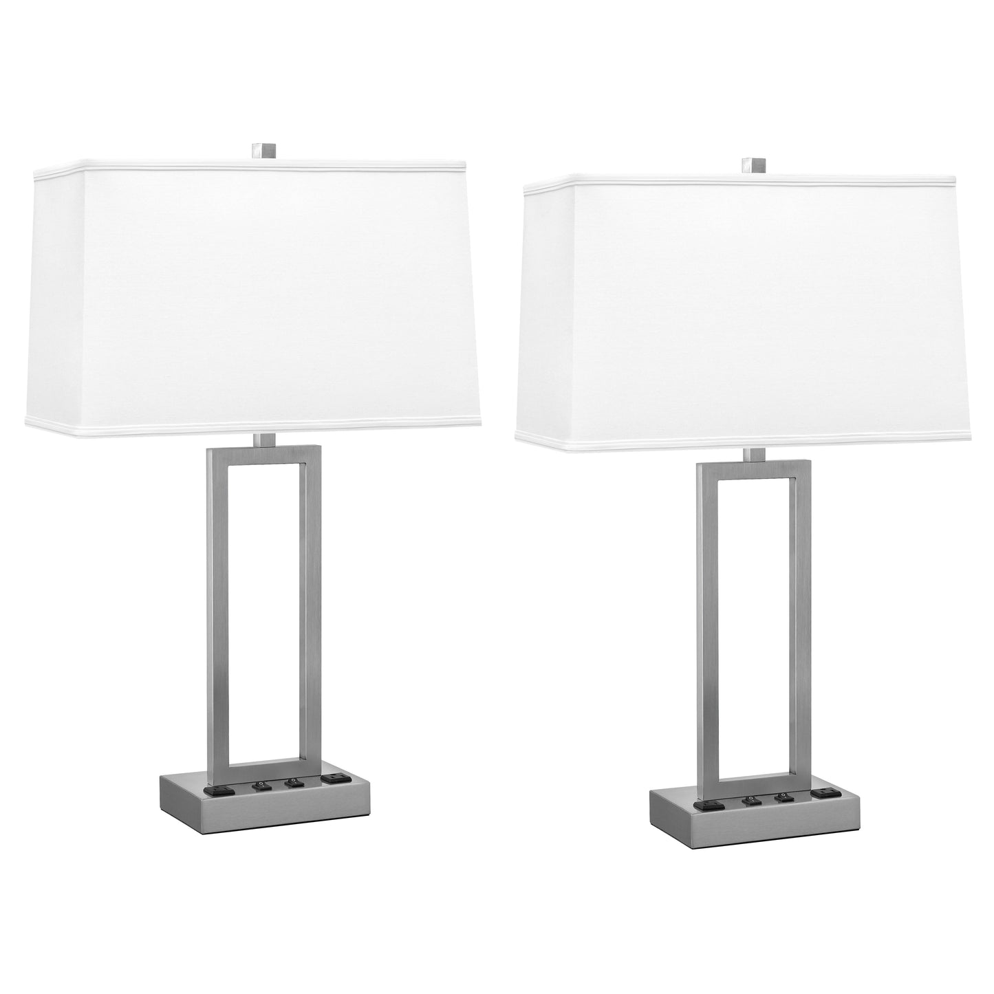 Medallion Lighting Rugged Rectangles 29" Brushed Steel Double Nightstand Table Lamp With 3-prong Outlets and White Fabric Rectangular Shade - Set of 2