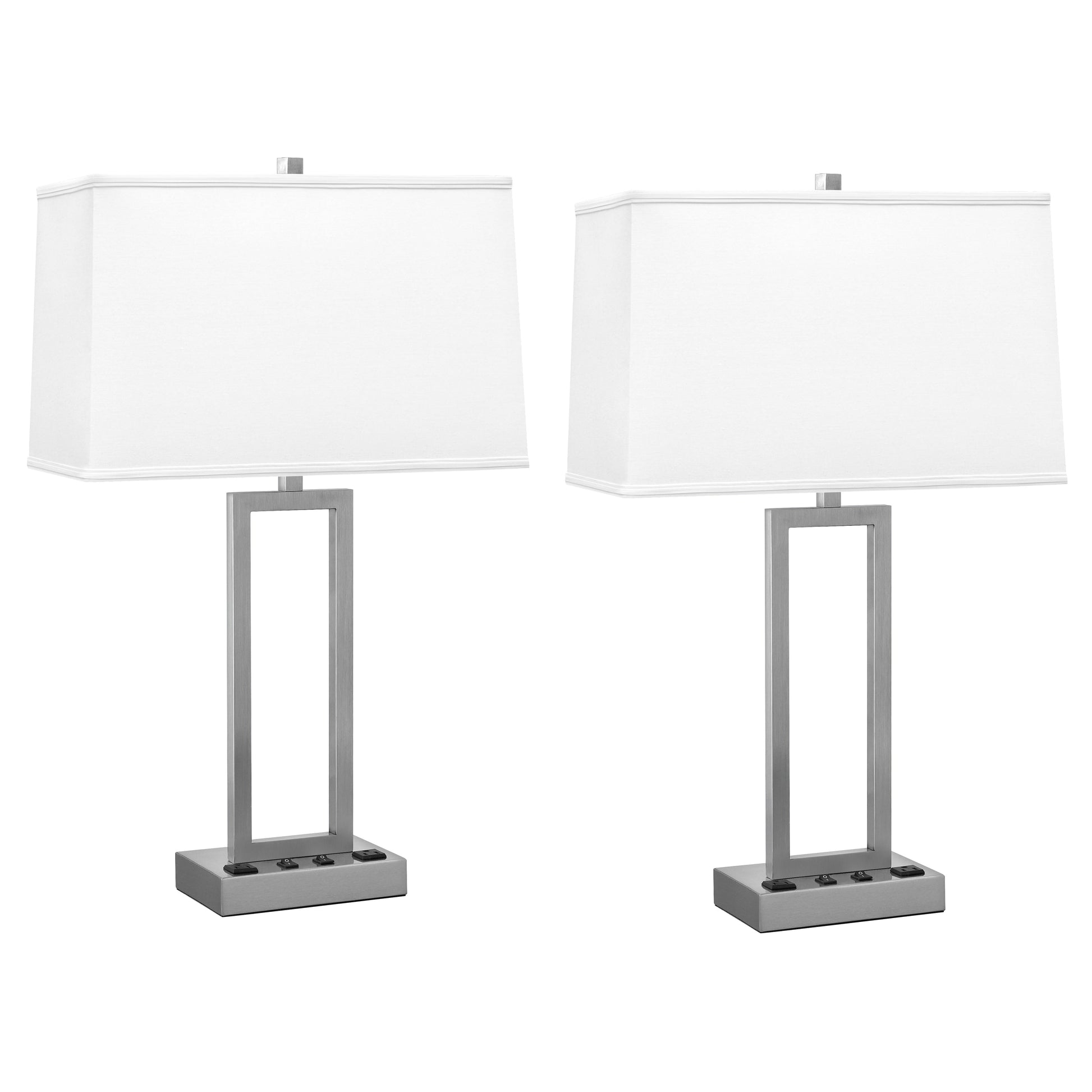 Medallion Lighting Rugged Rectangles 29" Brushed Steel Double Nightstand Table Lamp With 3-prong Outlets and White Fabric Rectangular Shade - Set of 2