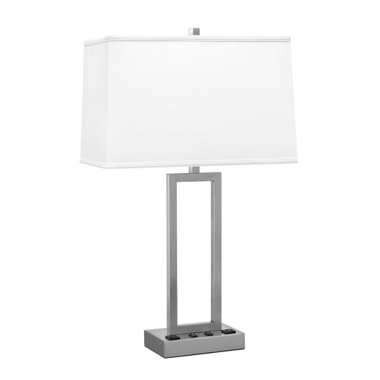 Medallion Lighting Rugged Rectangles 29" Brushed Steel Double Nightstand Table Lamp With 3-prong Outlets and White Fabric Rectangular Shade