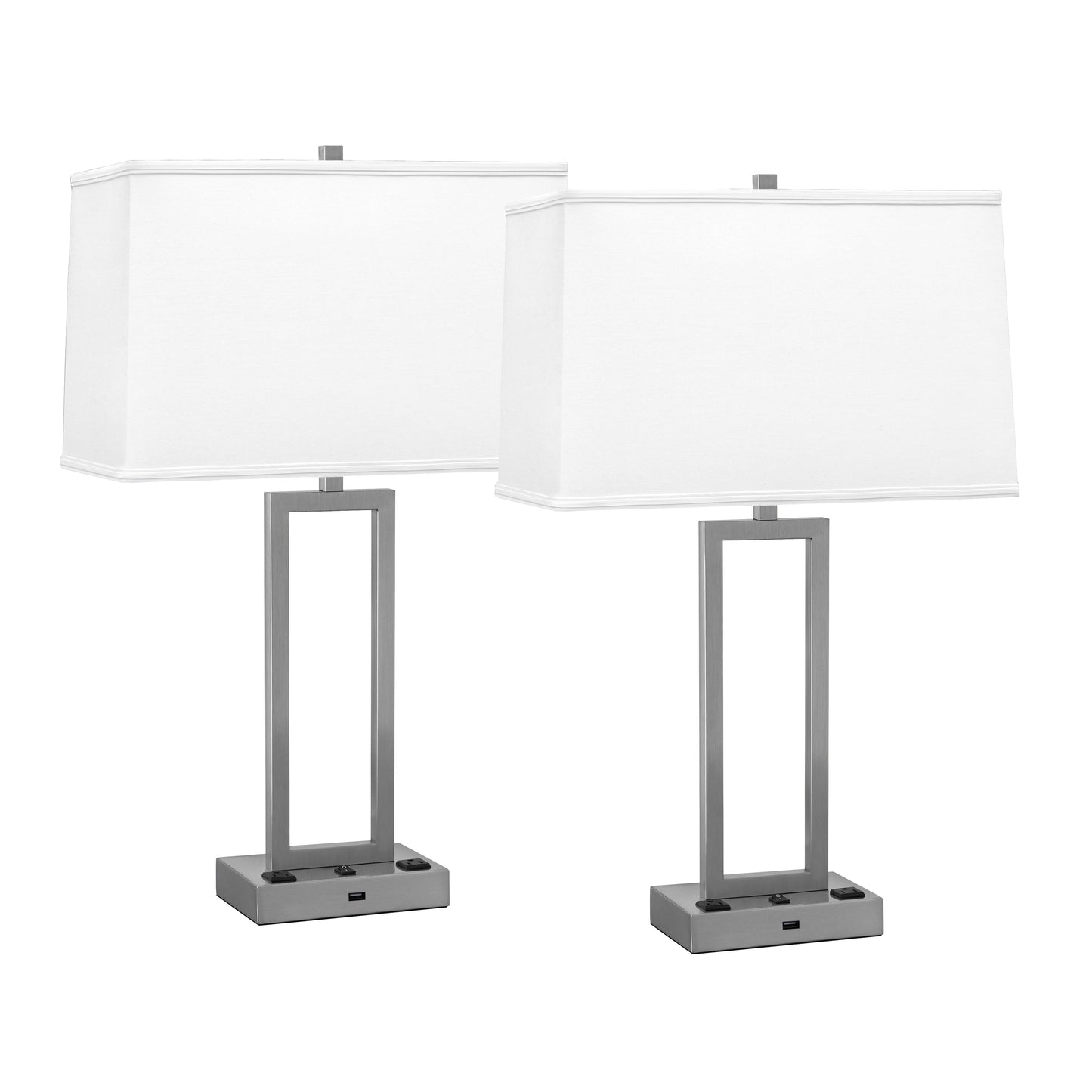 Medallion Lighting Rugged Rectangles 29" Brushed Steel Single Nightstand Table Lamp With USB Port, 3-prong Outlets and White Fabric Rectangular Shade - Set of 2