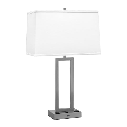 Medallion Lighting Rugged Rectangles 29" Brushed Steel Single Nightstand Table Lamp With USB Port, 3-prong Outlets and White Fabric Rectangular Shade