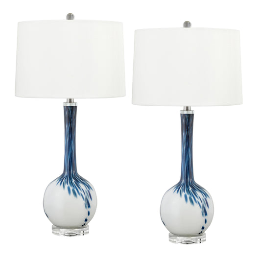 Medallion Lighting Sanremo 30" Blue and White Glass Table Lamp With White Fabric Drum Shade - Set of 2