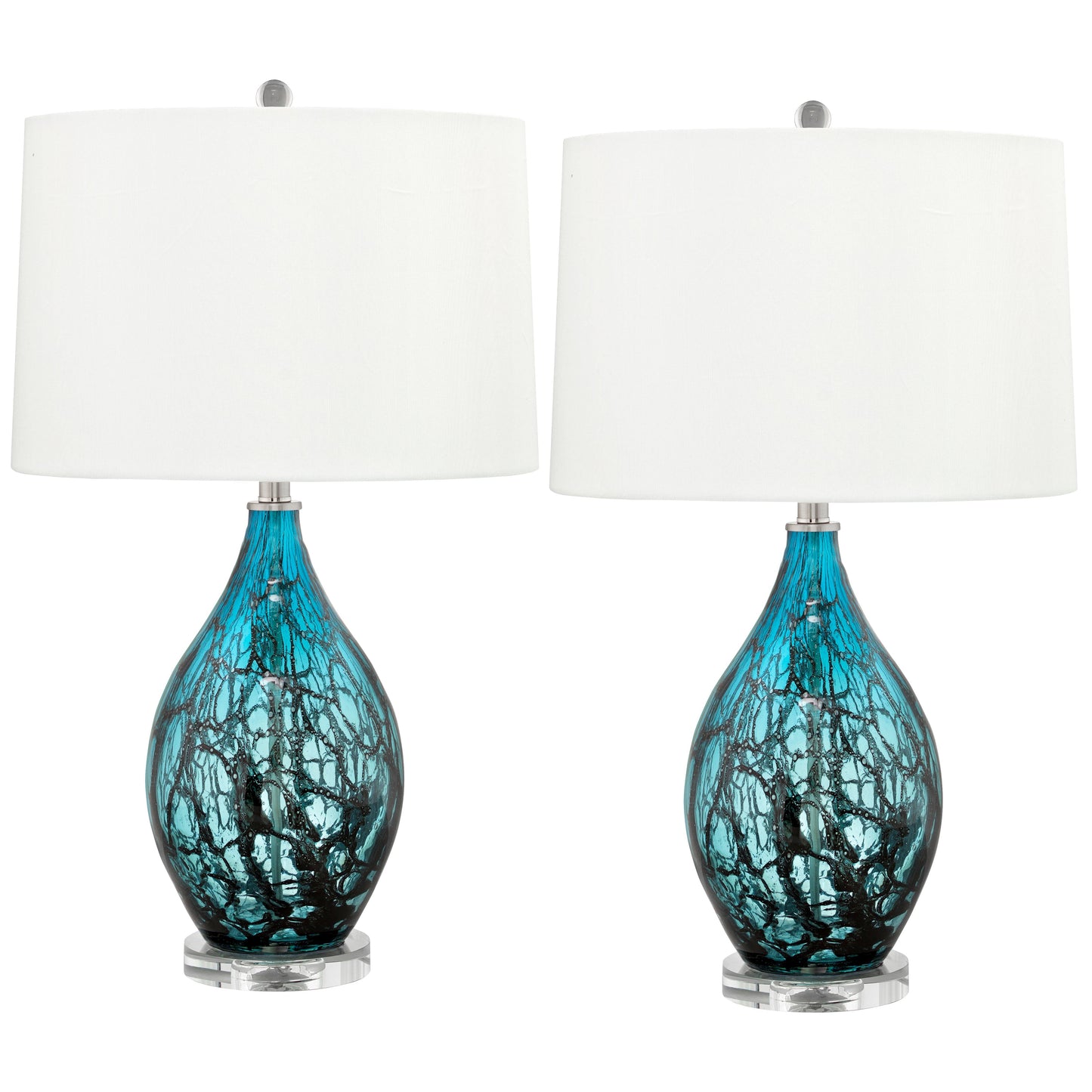 Medallion Lighting Sassari 28" Teal and Black Fused Glass Acrylic Table Lamp With White Fabric Drum Shade - Set of 2