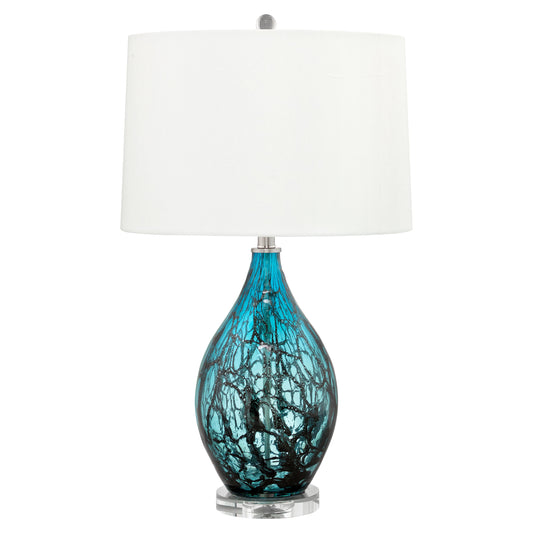 Medallion Lighting Sassari 28" Teal and Black Fused Glass Acrylic Table Lamp With White Fabric Drum Shade