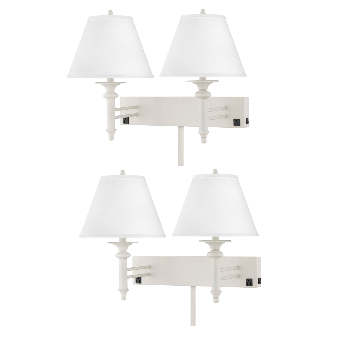 Medallion Lighting Simply White 19" White Steel Double Wall Mount Lamp With 3-Prong Outlets and White Fabric Drum Shade - Set of 2