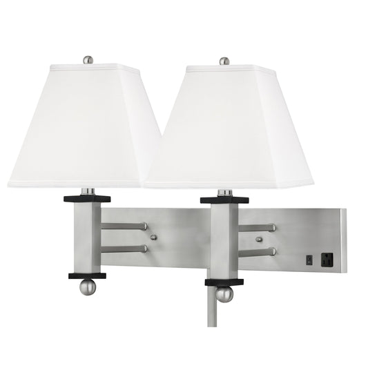 Medallion Lighting Square Post 18" Brushed Steel/Black Steel/Wood 2-Light Double Wall Lamp With 3-Prong Outlets and White Fabric Square Shade