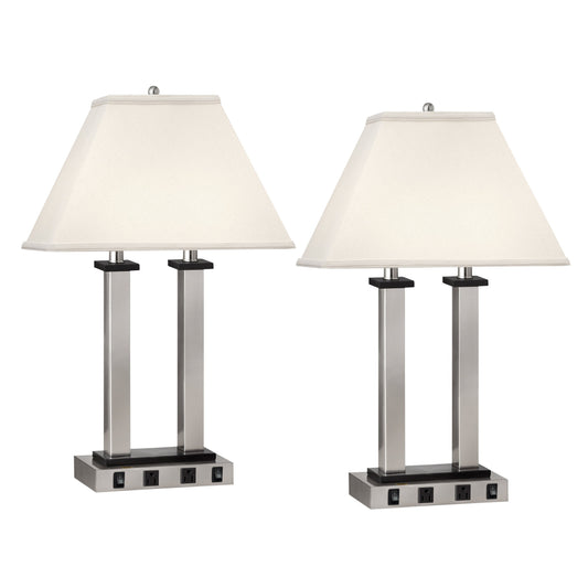 Medallion Lighting Square Post 27" Brushed Steel Twin-light Steel and Wood Desk Lamp With 3-prong Outlets and White Fabric Rectangular Shade - Set of 2