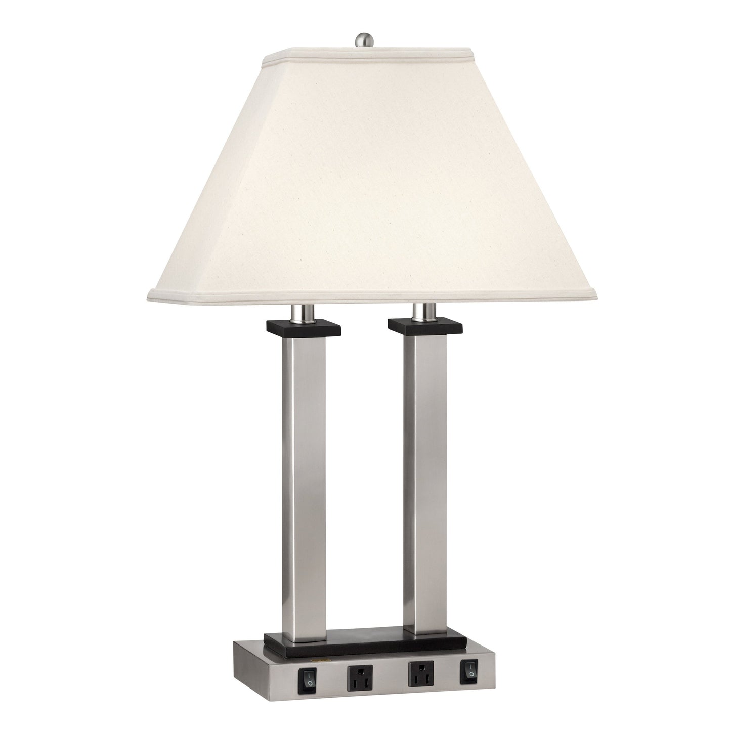 Medallion Lighting Square Post 27" Brushed Steel Twin-light Steel and Wood Desk Lamp With 3-prong Outlets and White Fabric Rectangular Shade