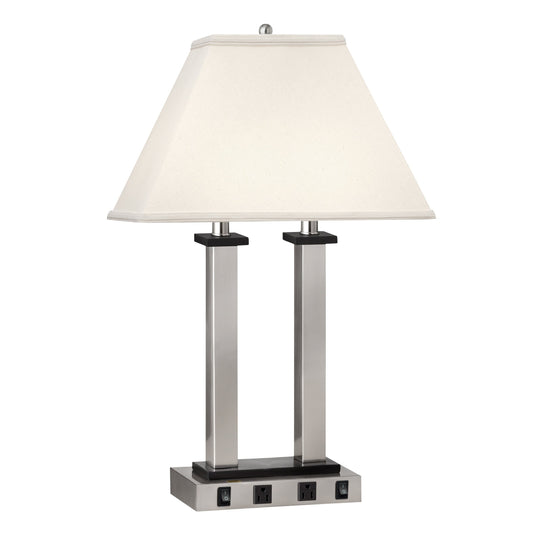 Medallion Lighting Square Post 27" Brushed Steel Twin-light Steel and Wood Desk Lamp With 3-prong Outlets and White Fabric Rectangular Shade