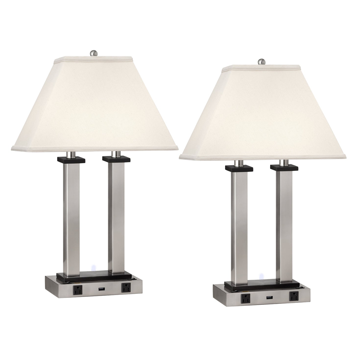 Medallion Lighting Square Post 27" Brushed Steel Twin-light Steel and Wood Desk Lamp With USB Port, 3-prong Outlets and White Fabric Rectangular Shade - Set of 2