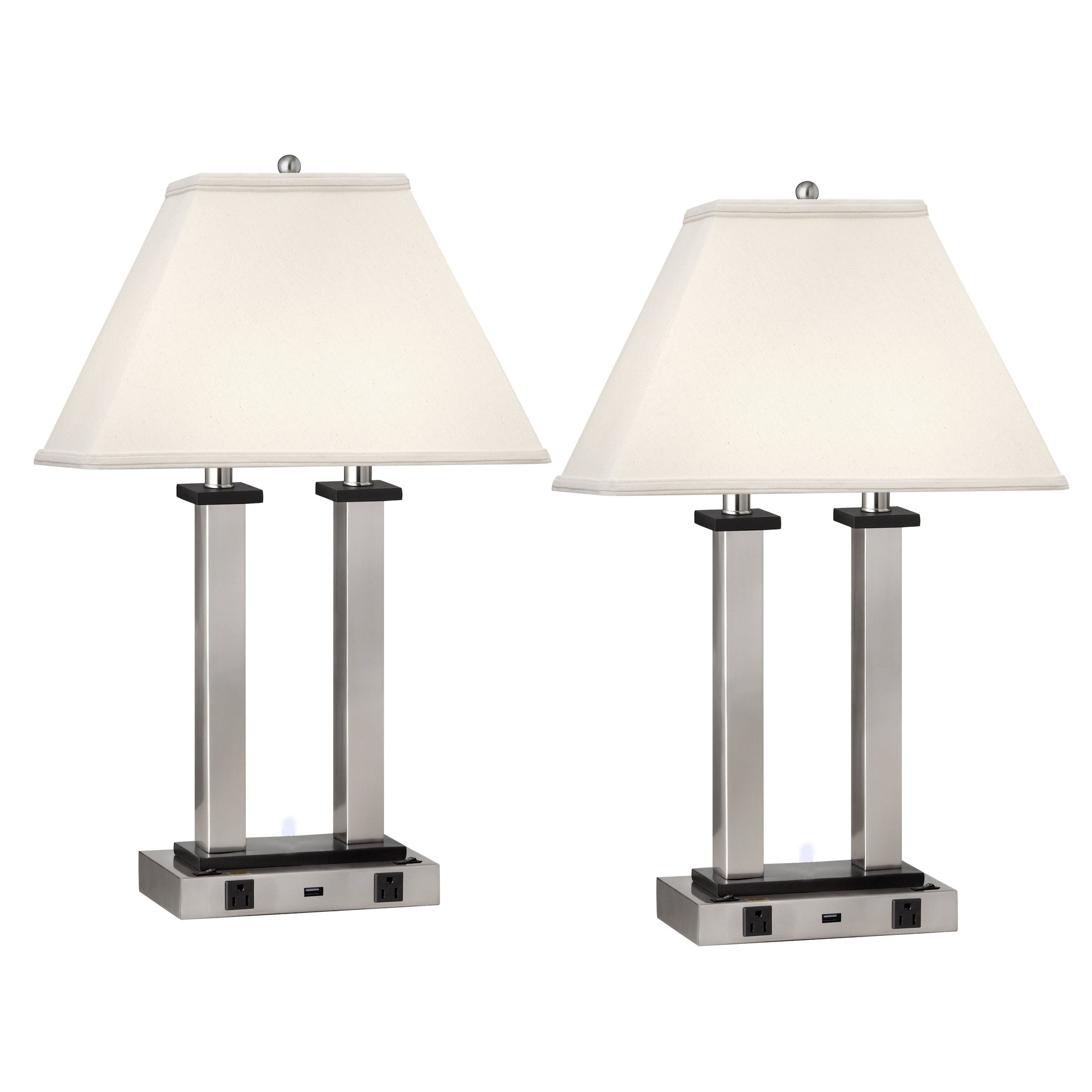 Medallion Lighting Square Post 27" Brushed Steel Twin-light Steel and Wood Desk Lamp With USB Port, 3-prong Outlets and White Fabric Rectangular Shade - Set of 2