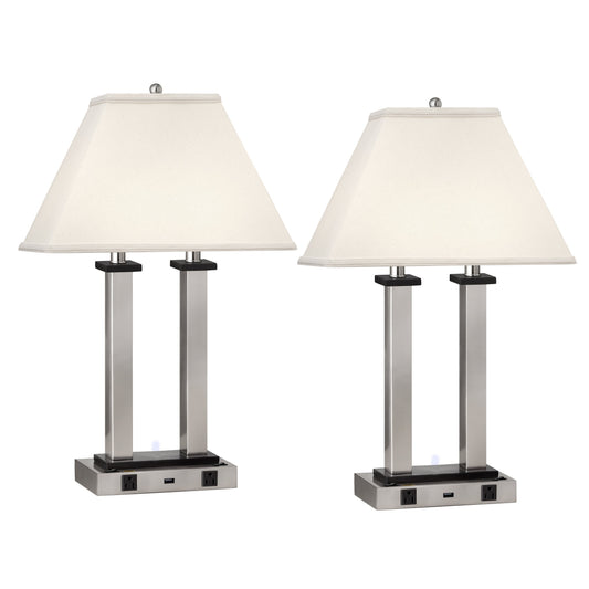 Medallion Lighting Square Post 27" Brushed Steel Twin-light Steel and Wood Desk Lamp With USB Port, 3-prong Outlets and White Fabric Rectangular Shade - Set of 2