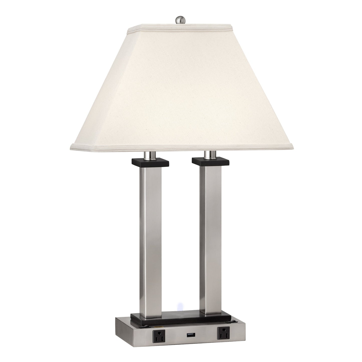Medallion Lighting Square Post 27" Brushed Steel Twin-light Steel and Wood Desk Lamp With USB Port, 3-prong Outlets and White Fabric Rectangular Shade
