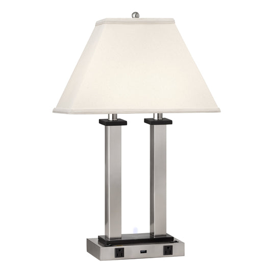 Medallion Lighting Square Post 27" Brushed Steel Twin-light Steel and Wood Desk Lamp With USB Port, 3-prong Outlets and White Fabric Rectangular Shade