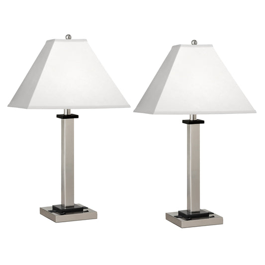 Medallion Lighting Square Post 28" Brushed Steel Twin-light Double Nightstand Steel and Wood Table Lamp With 3-prong Outlets and White Fabric Square Shade - Set of 2