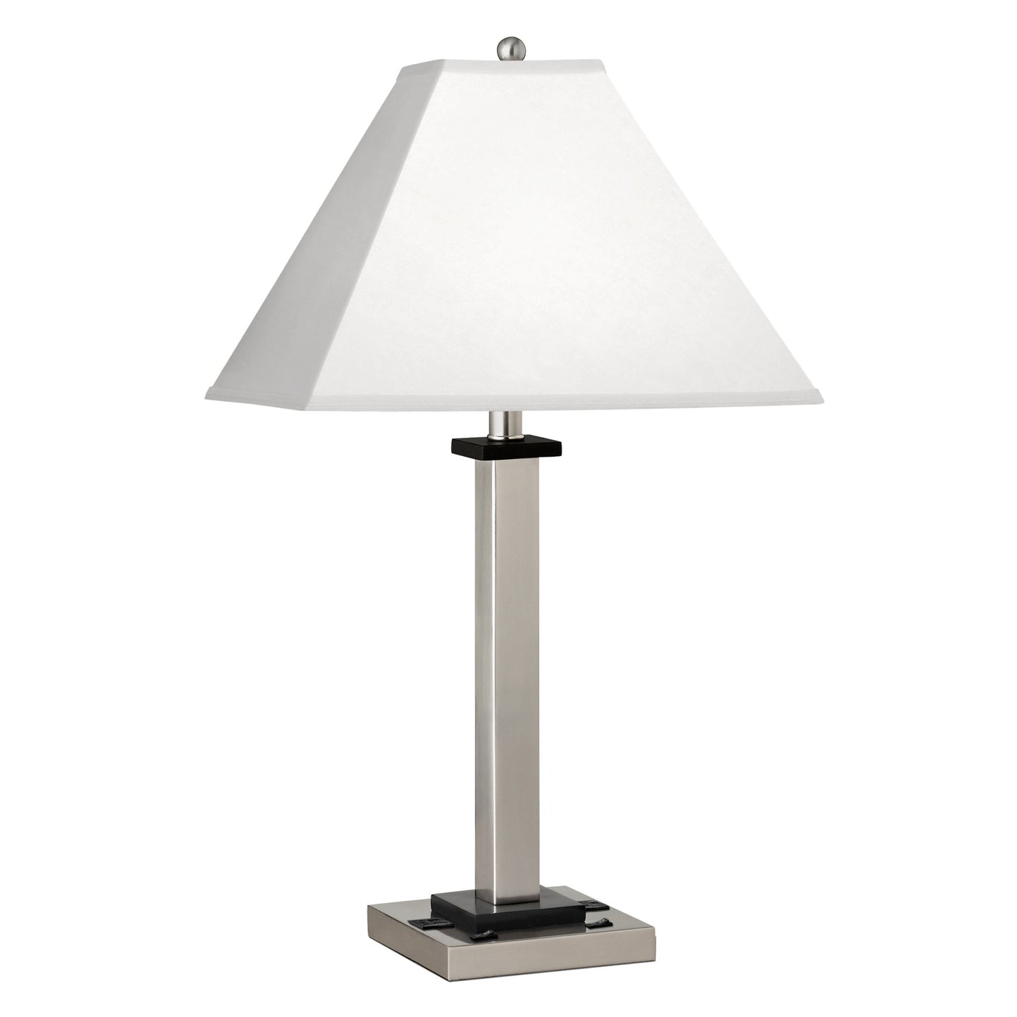 Medallion Lighting Square Post 28" Brushed Steel Twin-light Double Nightstand Steel and Wood Table Lamp With 3-prong Outlets and White Fabric Square Shade